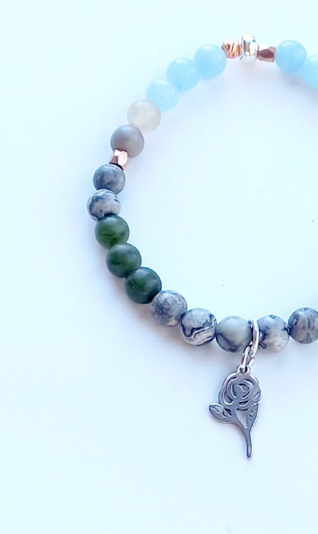 Pulsera de Jade Verde, Jaspe Gris y Aquamarina