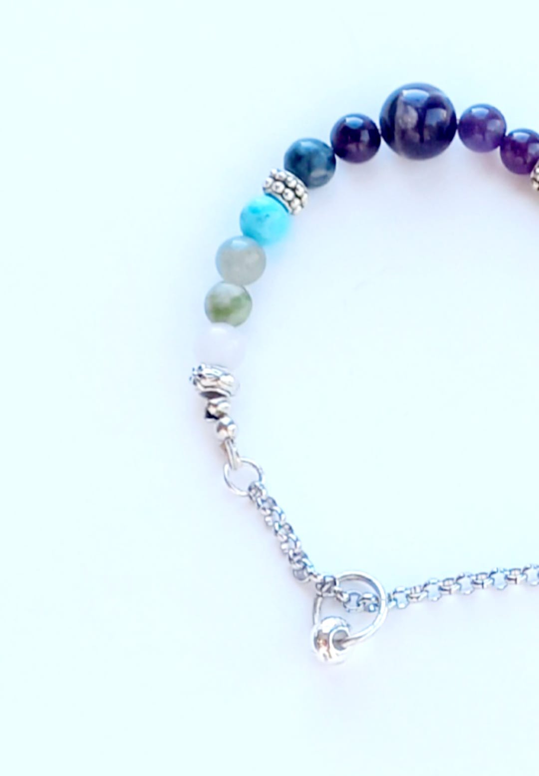 Pulsera de Amatista con Turqueza y Jade con cadenita y dije de corazón