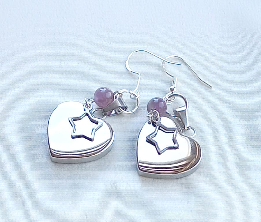 Aretes con corazón de acero con Amatista