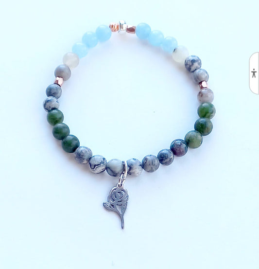 Pulsera de Jade Verde, Jaspe Gris y Aquamarina