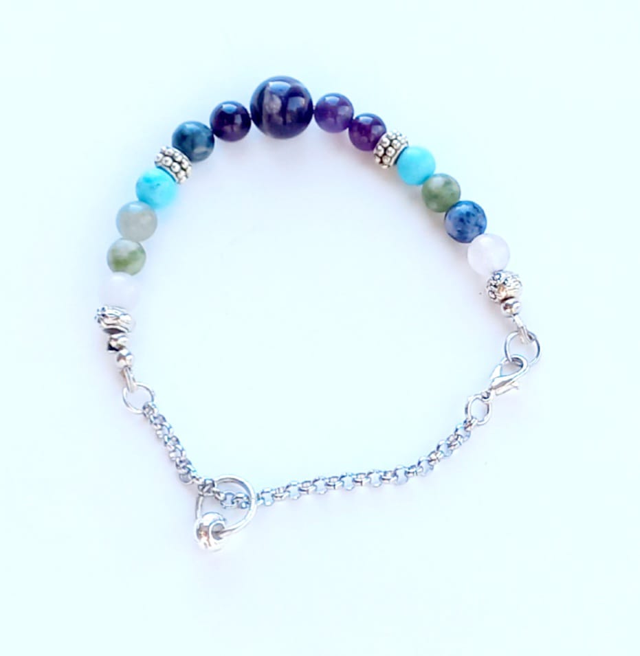 Pulsera de Amatista con Turqueza y Jade con cadenita y dije de corazón