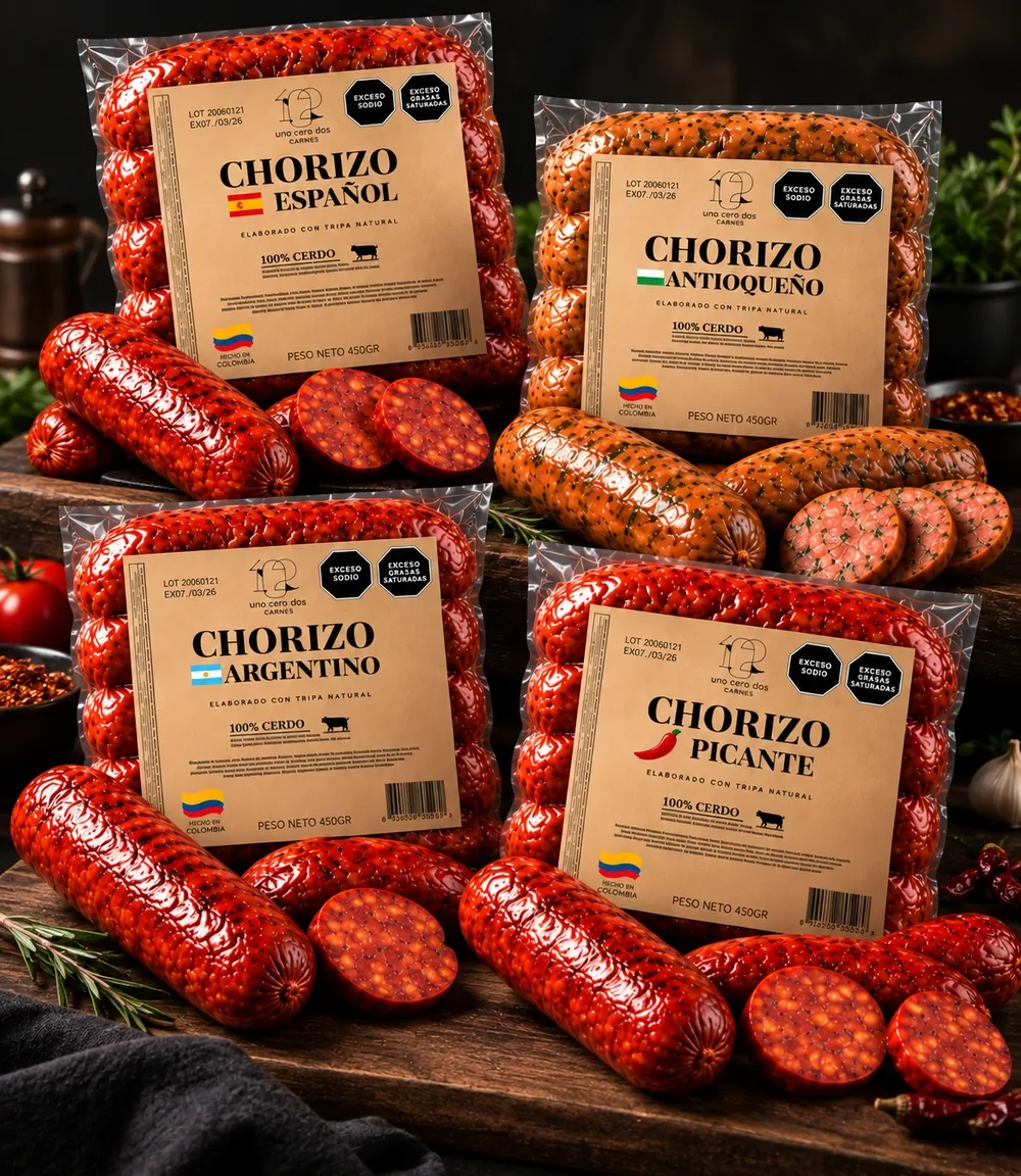 Los cuatro chorizos gourmet empacados: español, antioqueño, argentino y picante, con chorizos cortados en rodajas