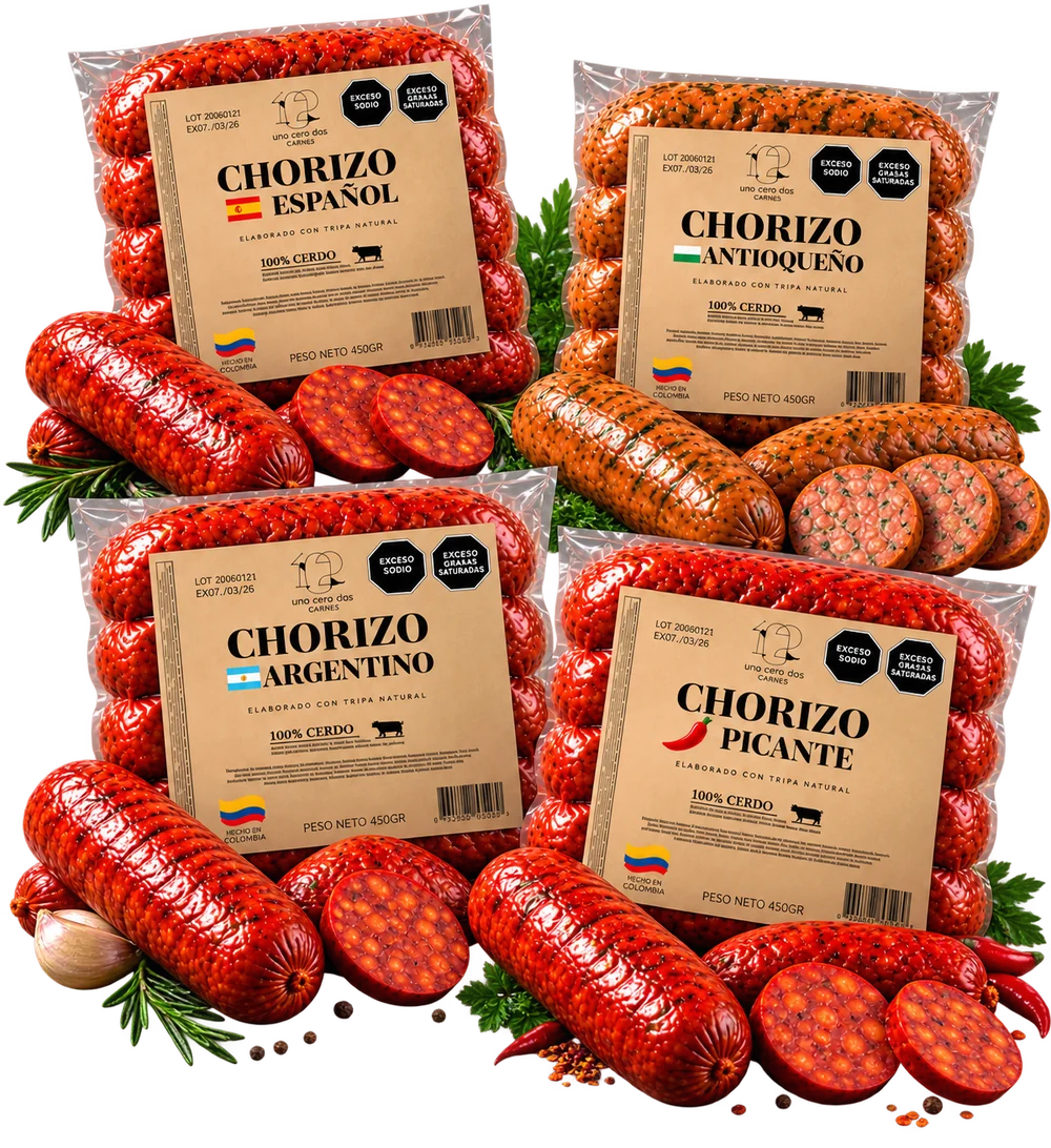 Los cuatro chorizos gourmet empacados: español, antioqueño, argentino y picante, con chorizos cortados en rodajas