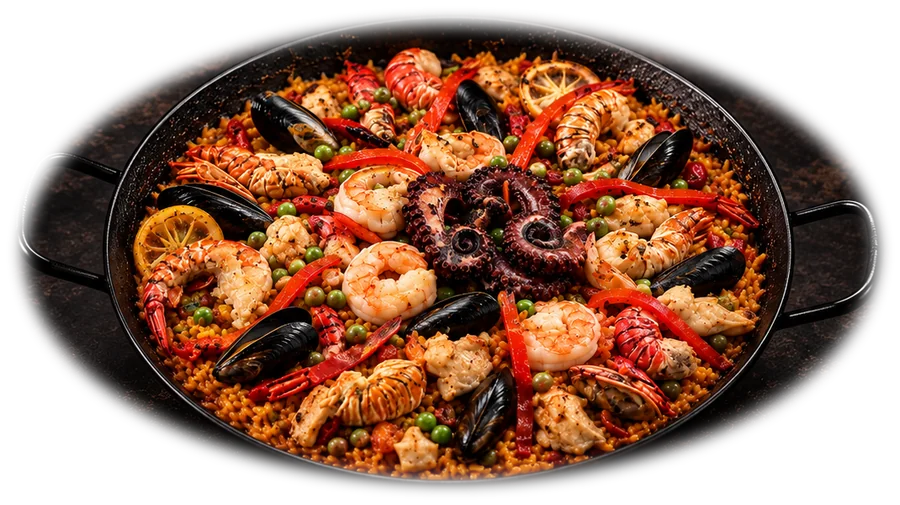 Paella Marinera Plus con pulpo, langosta, camarones y mejillones