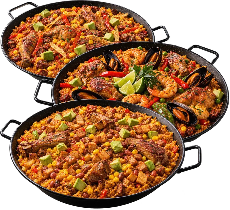Tres paellas: Mexicana, Mixta y Paisa